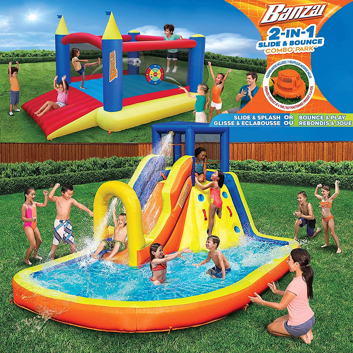 Inflatable Water Slide & Bounce House (Combo Pack) - Huge Heavy Duty Outdoor Kids Adventure Park Pool with Built in Sprinkler Wave and Slide PLUS Large BONUS 12x9 Bounce House - FREE Blower Included
