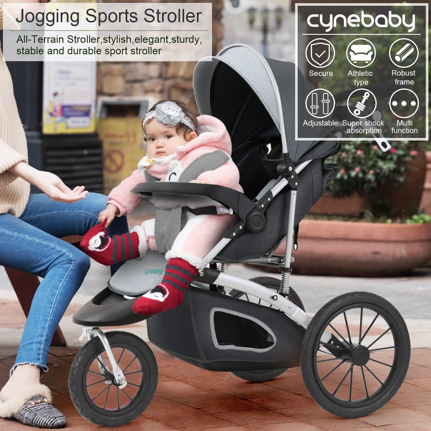 Grandeur 3-Wheel Baby Infant Jogger Stroller For All-Terrain