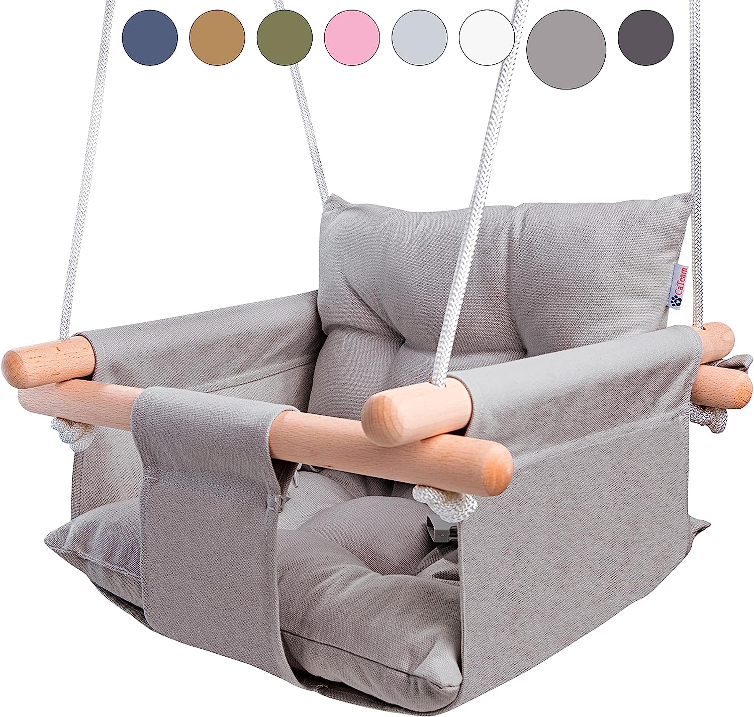 Canvas Baby Swing, Wooden Hanging Swing Seat Chair with Safety Belt, Durable Baby Hammock Chair, Outdoor and Indoor Swing for Kids, Mounting Hardware Included, Ivory