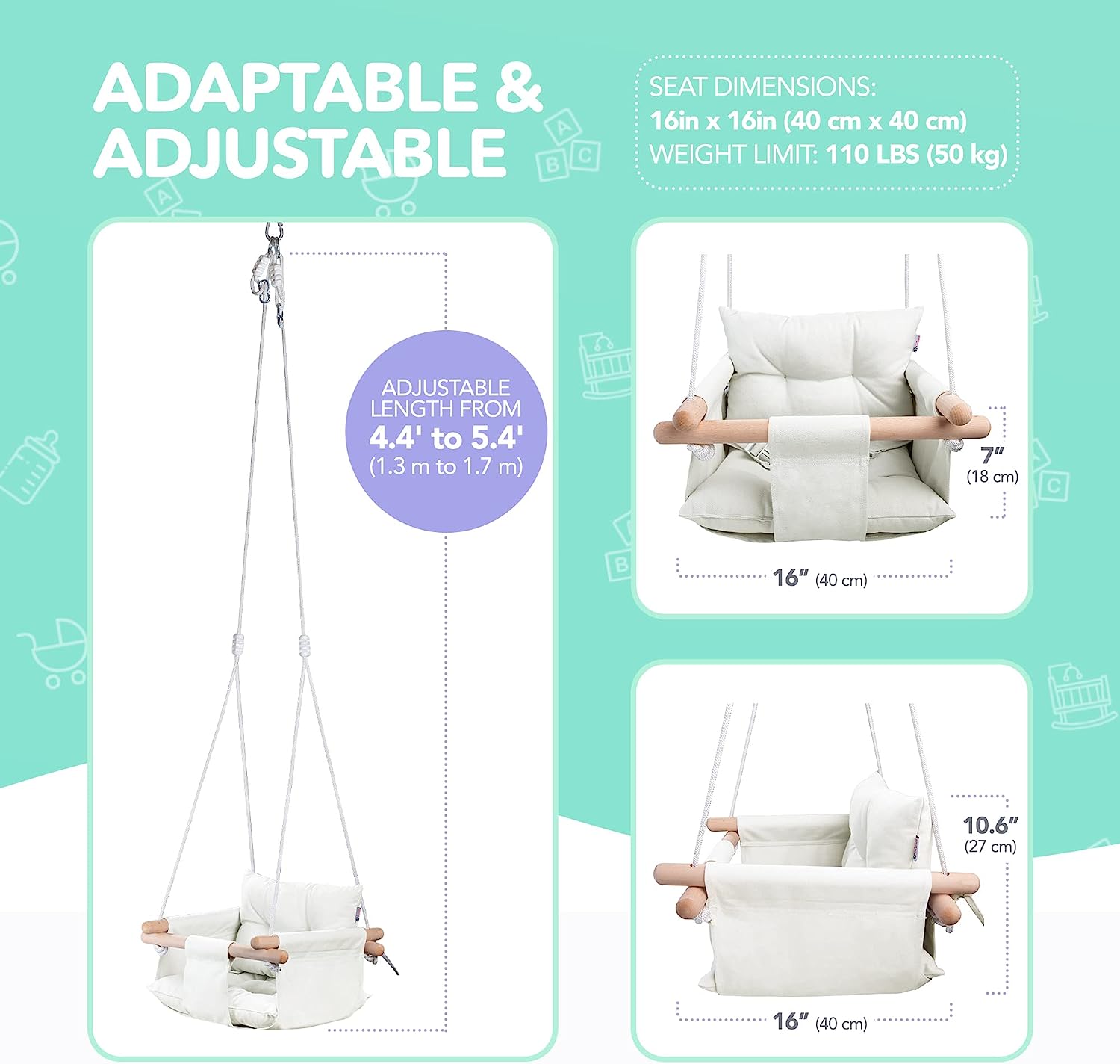 Canvas Baby Swing, Wooden Hanging Swing Seat Chair with Safety Belt, Durable Baby Hammock Chair, Outdoor and Indoor Swing for Kids, Mounting Hardware Included, Ivory