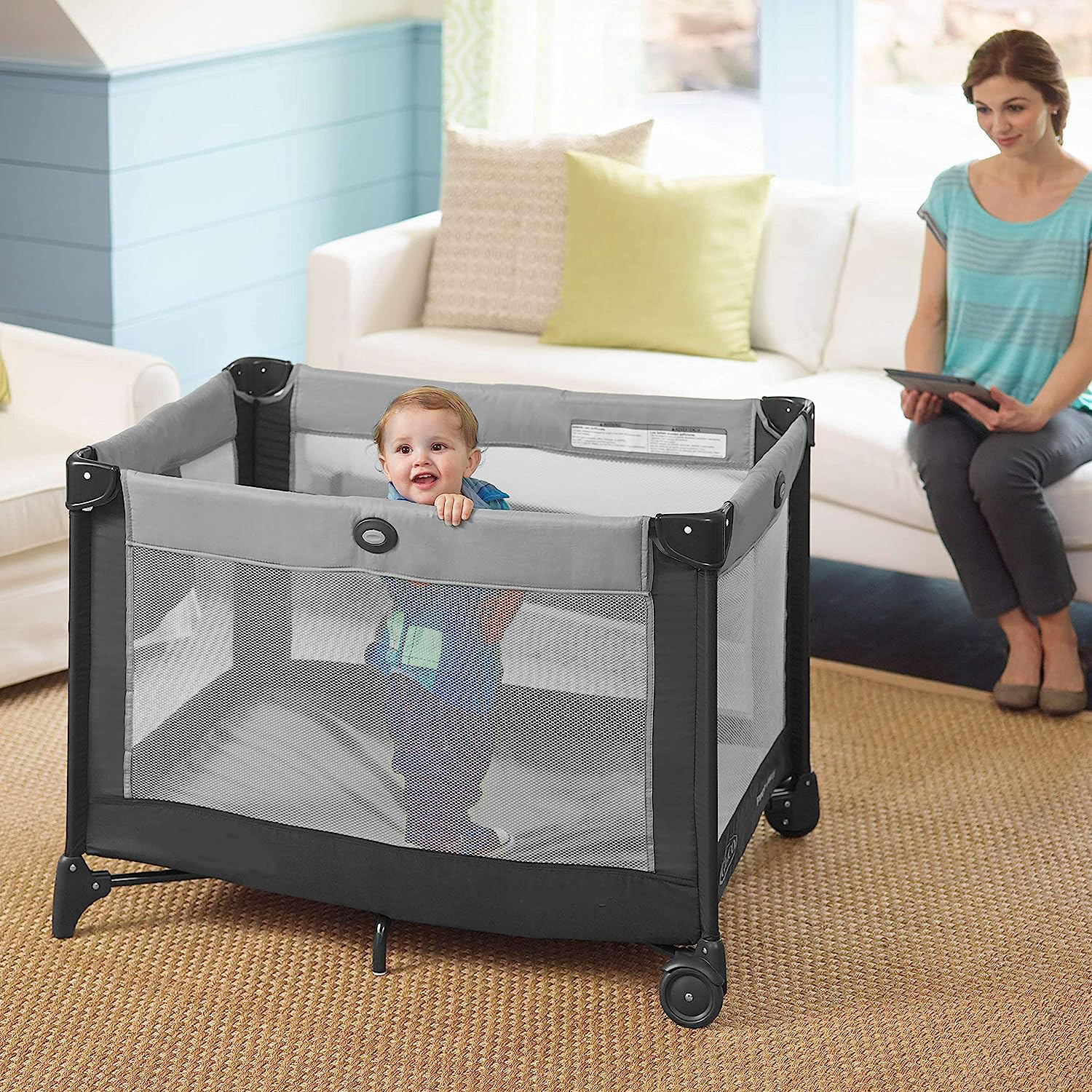 Pack and Play Portable Playard, Push Button Compact Fold, Carnival
