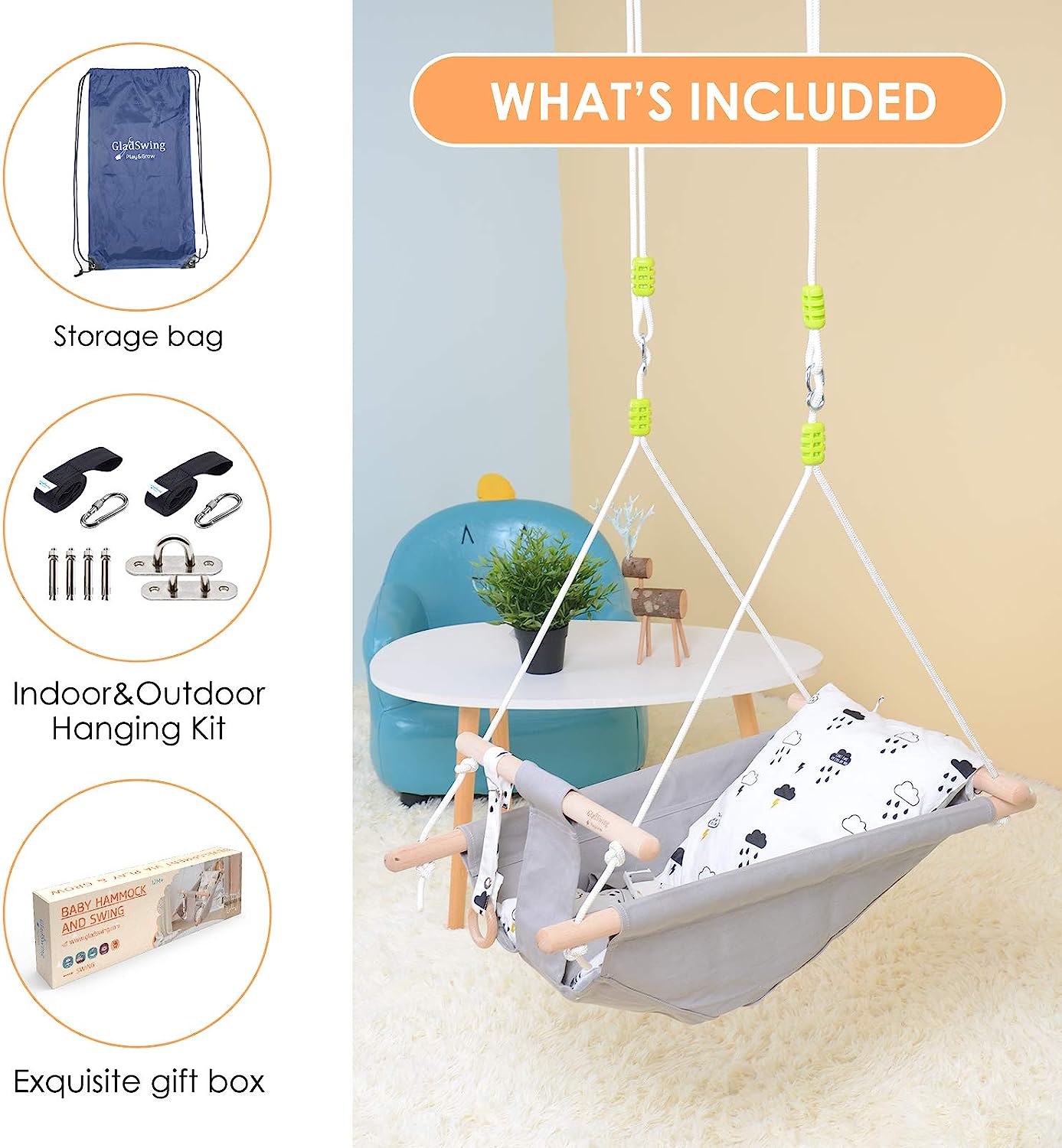 Baby Swing for Baby and Toddler, Canvas Baby Hammock Swing Indoor and Outdoor with Safety Belt and Mounting Hardware, Wooden Hanging Swing Seat Chair for Baby up to 4 Year - Little Cloud