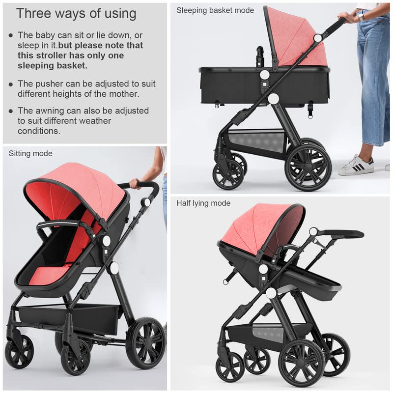 Baby Stroller Newborn Carriage Infant Reversible Bassinet to Luxury Toddler Vista Seat for Boy Girl Compact Single All Terrain Babies Pram Strollers Add Stroller Cover, Cup Holder, Net