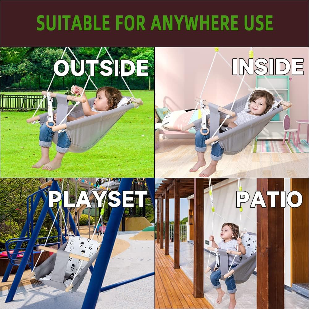 Baby Swing for Baby and Toddler, Canvas Baby Hammock Swing Indoor and Outdoor with Safety Belt and Mounting Hardware, Wooden Hanging Swing Seat Chair for Baby up to 4 Year - Little Cloud