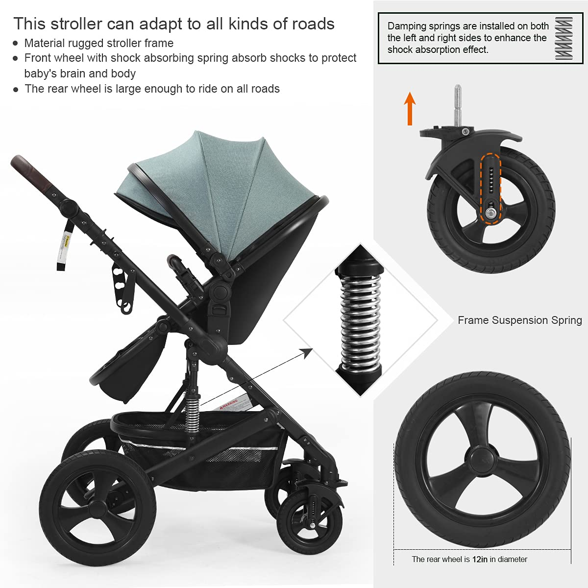 Newborn Infant Toddler Baby Stroller - Cynebaby 2 in 1 High Landscape Convertible Reversible Anti-Shock Bassinet Carriage Pram Stroller Add Cup Holder, Footmuff and Diaper Bag (Green)