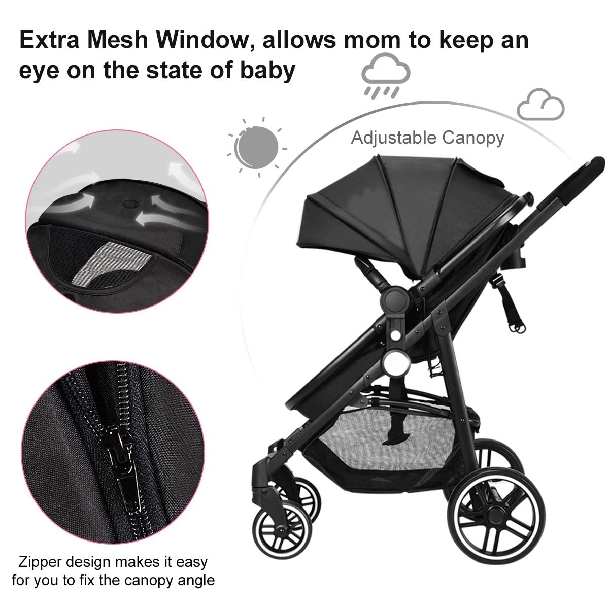 Baby Stroller, High Landscape Infant Stroller and Reversible Bassinet Pram, Foldable Pushchair with Adjustable Canopy, Cup Holder, Storage Basket, Suspension Wheels (Black)