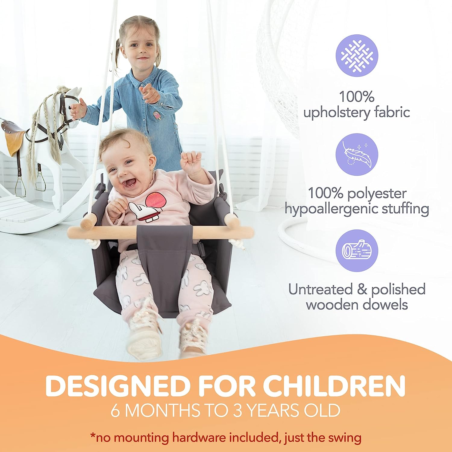 Canvas Baby Swing, Wooden Hanging Swing Seat Chair with Safety Belt, Durable Baby Hammock Chair, Outdoor and Indoor Swing for Kids, Mounting Hardware Included, Ivory