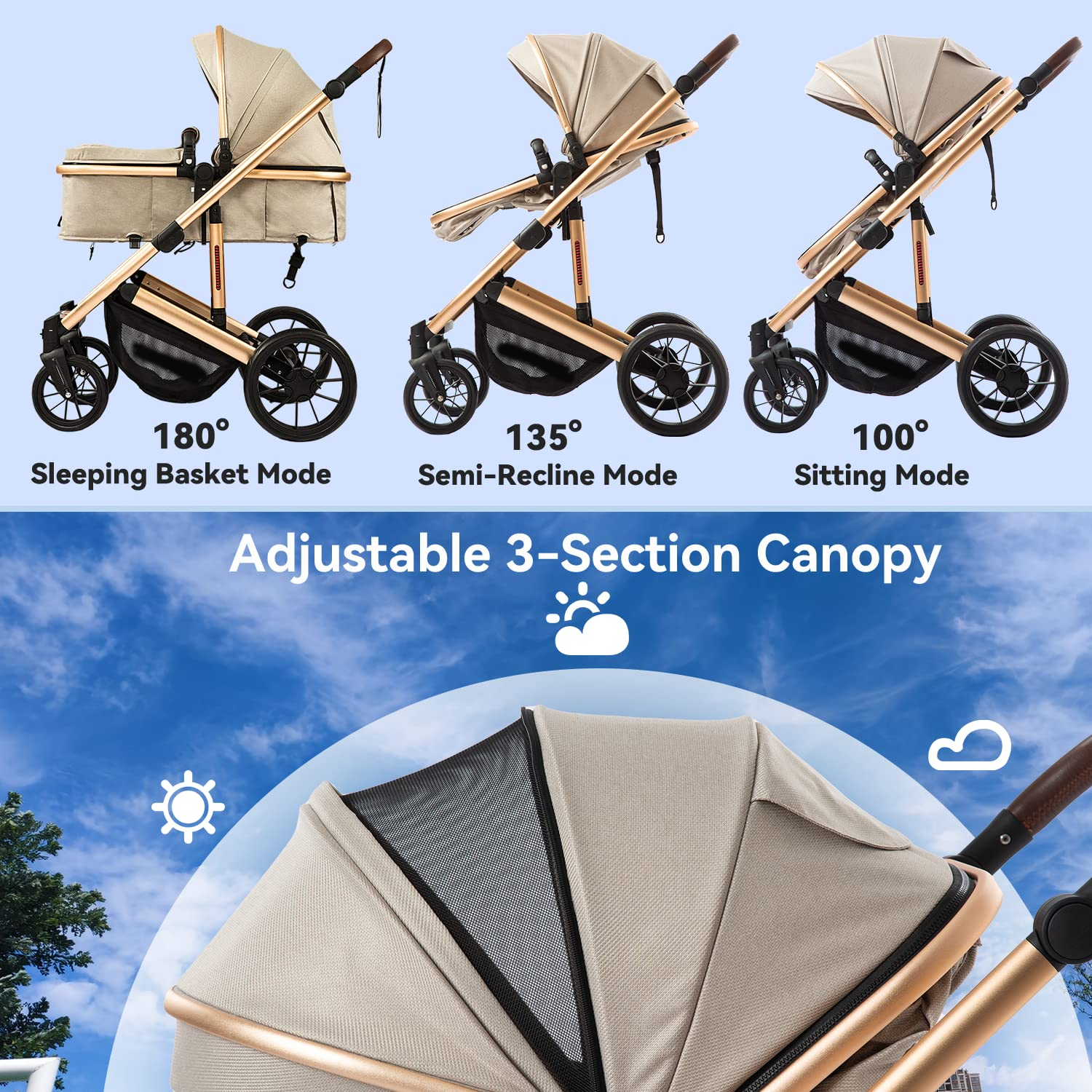 Baby Stroller - 2 in 1 High Landscape Convertible Stroller with Reversible Seat | Foldable Aluminum Alloy Pram Anti-Shock Toddler Pushchair Strollers for 0-36 Months Babies