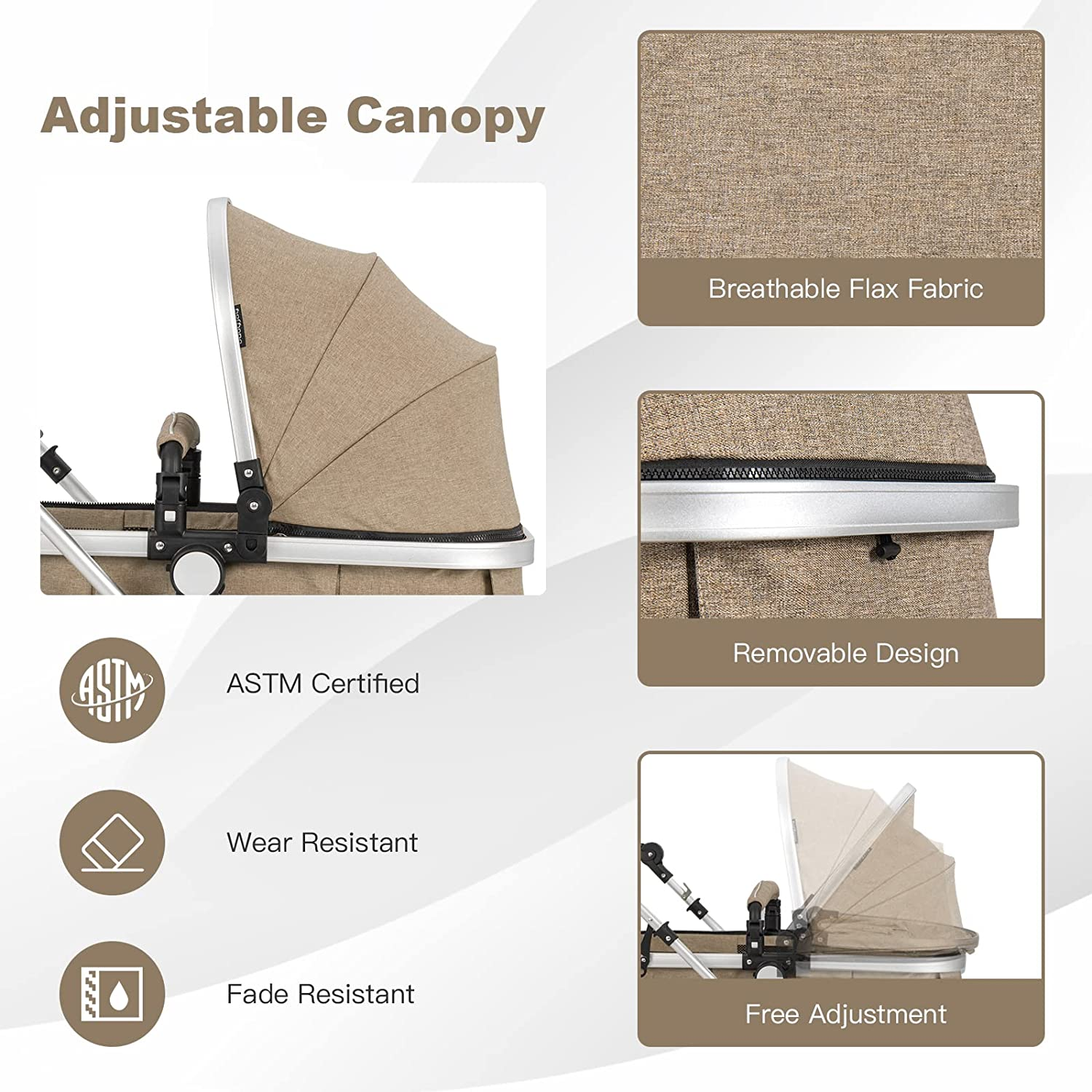 Baby Stroller, 2-in-1 Convertible Bassinet Reclining Stroller, Foldable Pram Carriage with 5-Point Harness, Including Cup Holder, Foot Cover, Diaper Bag, Aluminum Structure, Khaki