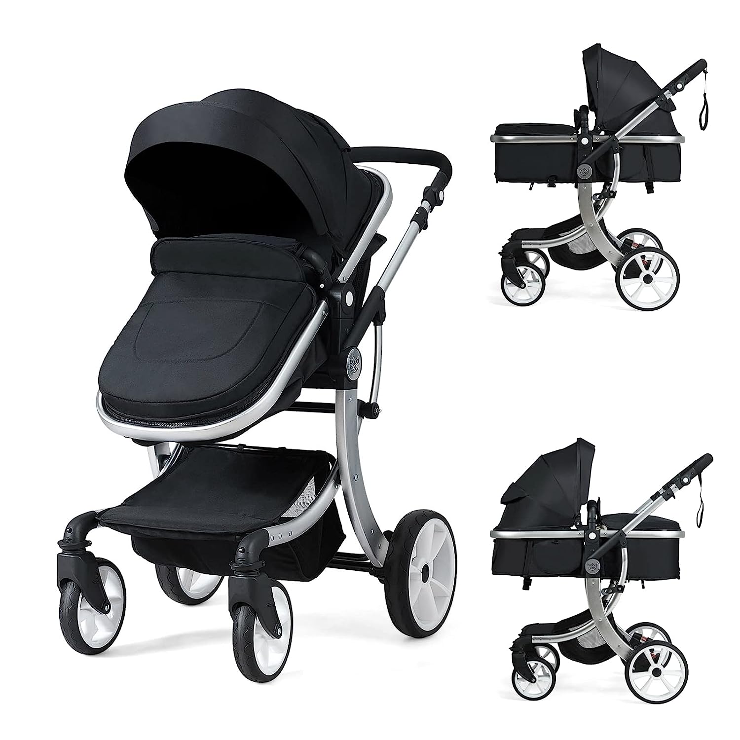 Baby Stroller, High Landscape Convertible Infant Bassinet Stroller, Adjustable Canopy & Backrest, Storage Basket, Foot Cover, Foldable Newborn Carriage Pram Stroller (Gray)