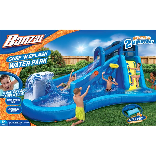 Banzai Surf N Splash Water Park Inflatable Waterslide with Basketball Hoop