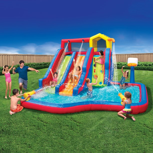 Banzai Twin Falls Giant Inflatable Water Park Bounce House - Two Water Slides & Climbing Wall - Outdoor Summer Fun For Kids & Families