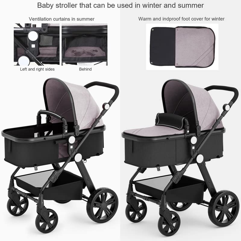 Baby Stroller Newborn Carriage Infant Reversible Bassinet to Luxury Toddler Vista Seat for Boy Girl Compact Single All Terrain Babies Pram Strollers Add Stroller Cover, Cup Holder, Net