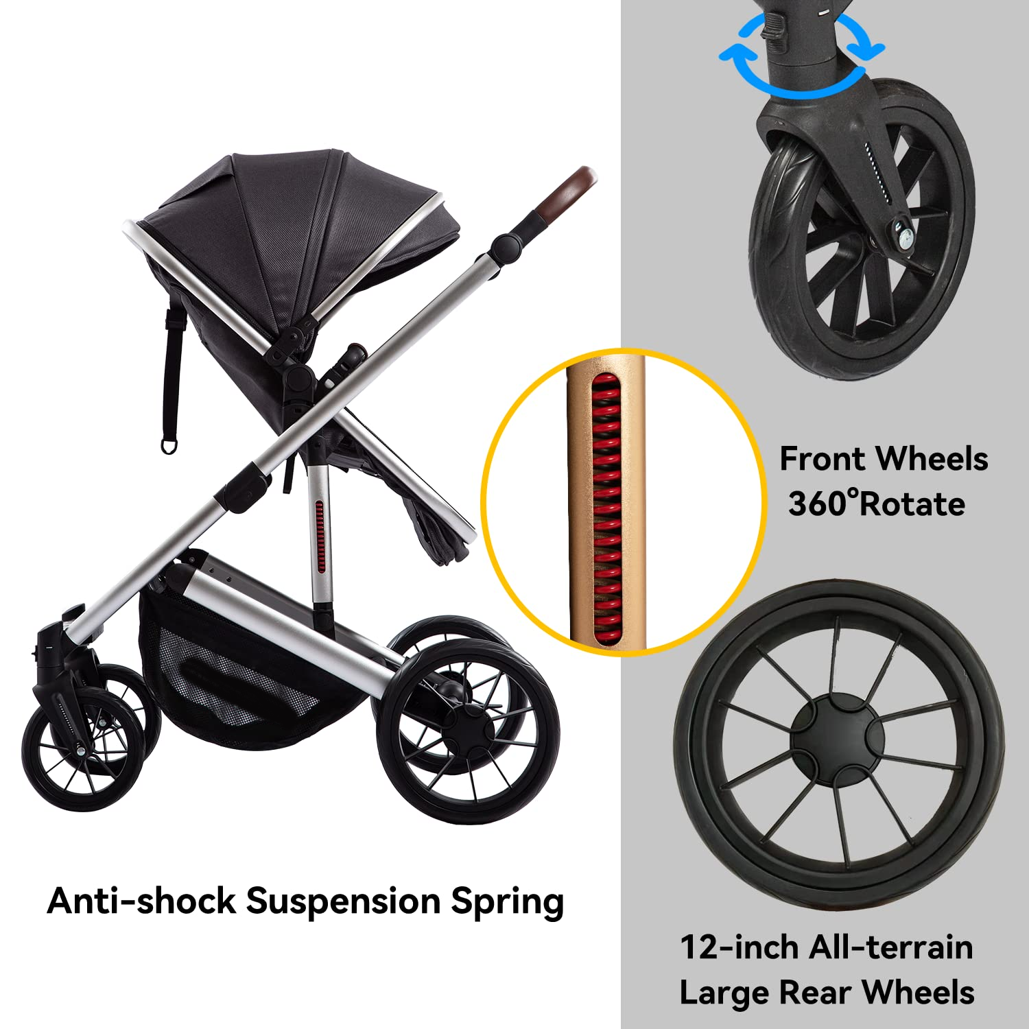 Baby Stroller - 2 in 1 High Landscape Convertible Stroller with Reversible Seat | Foldable Aluminum Alloy Pram Anti-Shock Toddler Pushchair Strollers for 0-36 Months Babies
