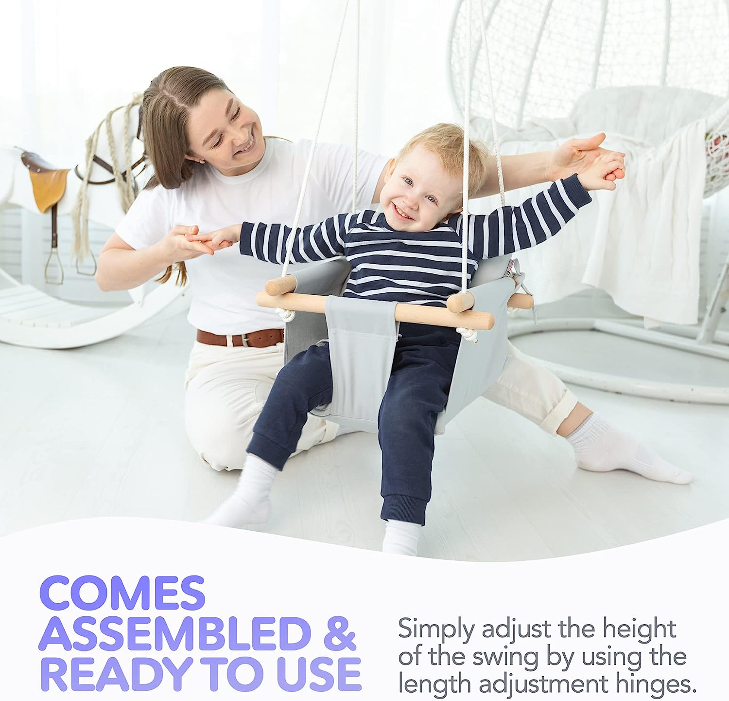 Canvas Baby Swing, Wooden Hanging Swing Seat Chair with Safety Belt, Durable Baby Hammock Chair, Outdoor and Indoor Swing for Kids, Mounting Hardware Included, Ivory