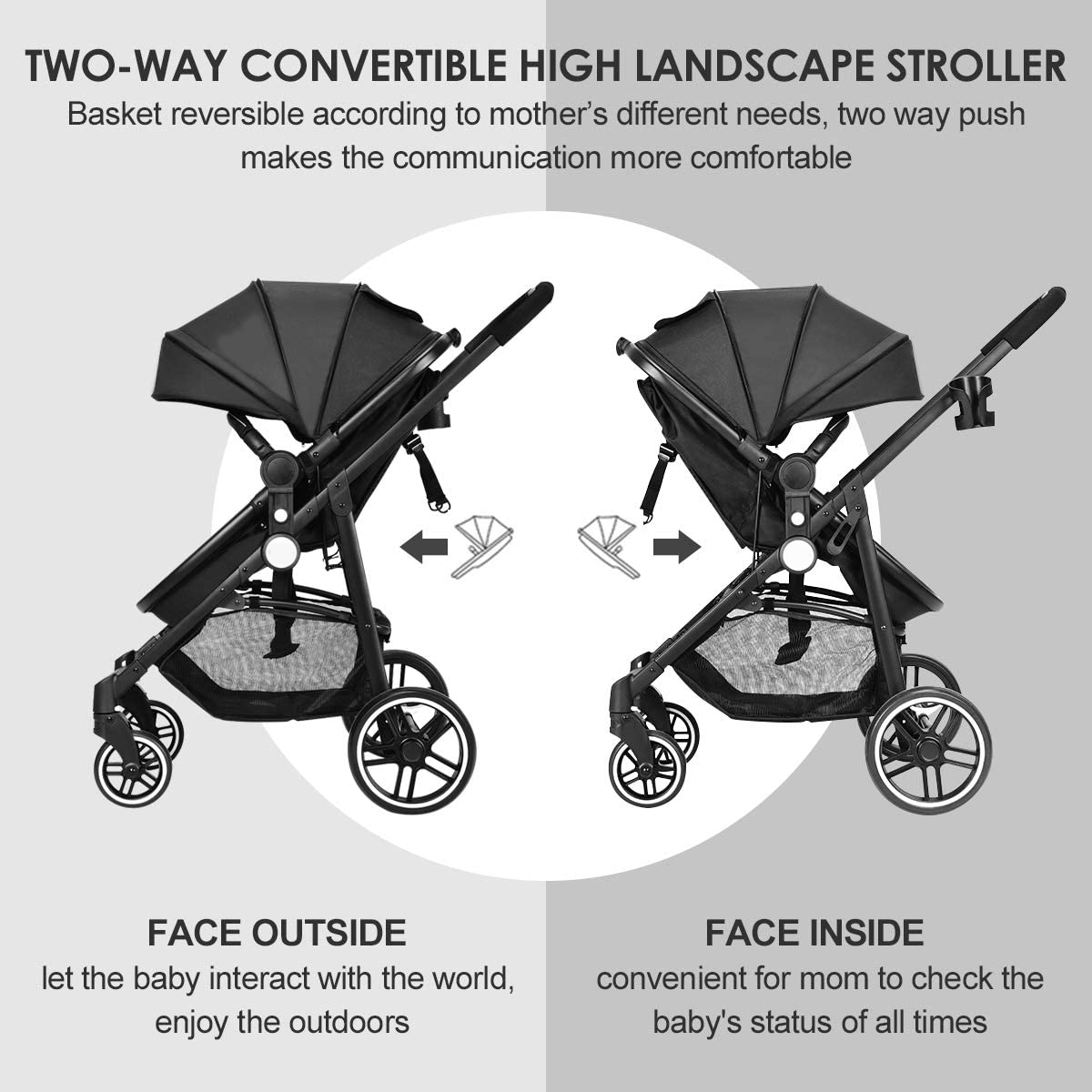 Baby Stroller, High Landscape Infant Stroller and Reversible Bassinet Pram, Foldable Pushchair with Adjustable Canopy, Cup Holder, Storage Basket, Suspension Wheels (Black)