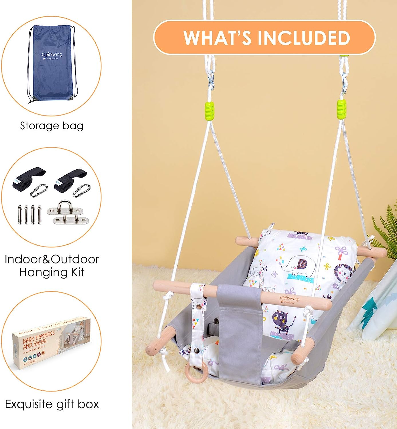 Baby Swing for Baby and Toddler, Canvas Baby Hammock Swing Indoor and Outdoor with Safety Belt and Mounting Hardware, Wooden Hanging Swing Seat Chair for Baby up to 4 Year - Little Cloud