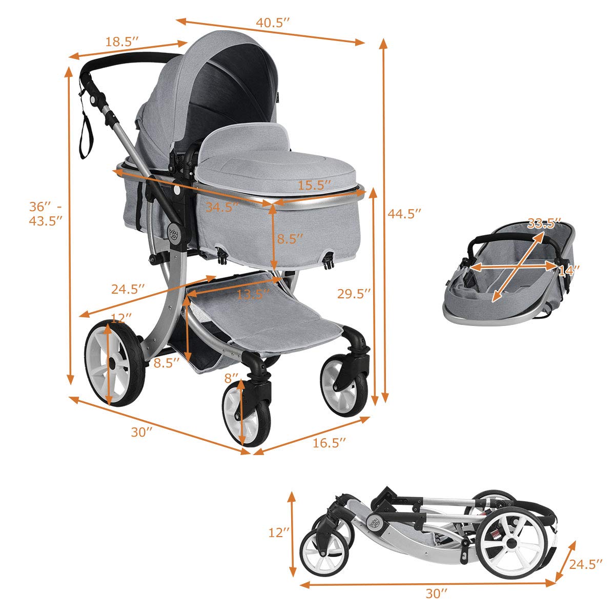 Baby Stroller, High Landscape Convertible Infant Bassinet Stroller, Adjustable Canopy & Backrest, Storage Basket, Foot Cover, Foldable Newborn Carriage Pram Stroller (Gray)