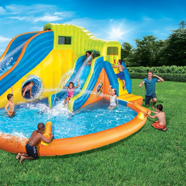 Banzai Pipeline Twist Kids Inflatable Outdoor Water Park Pool Slides & Cannons