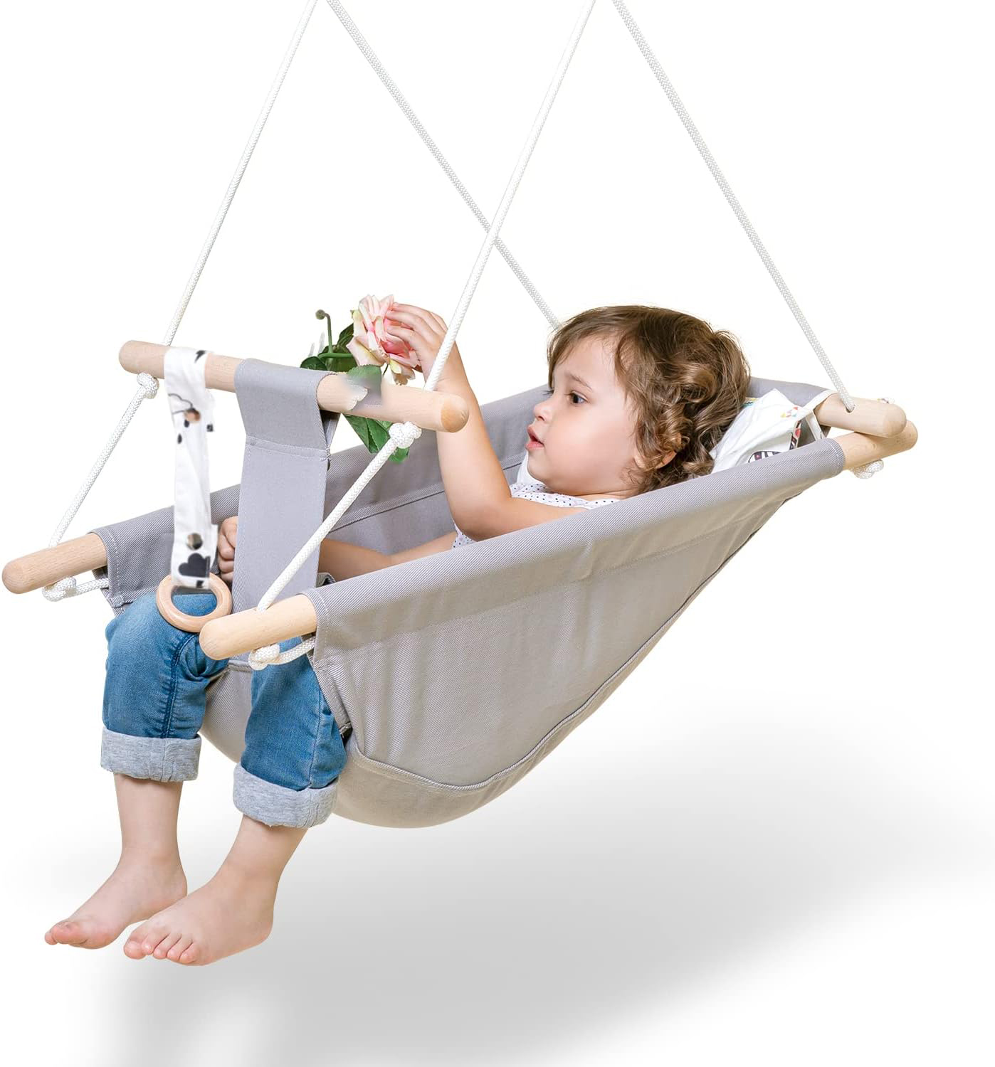 Baby Swing for Baby and Toddler, Canvas Baby Hammock Swing Indoor and Outdoor with Safety Belt and Mounting Hardware, Wooden Hanging Swing Seat Chair for Baby up to 4 Year - Little Cloud