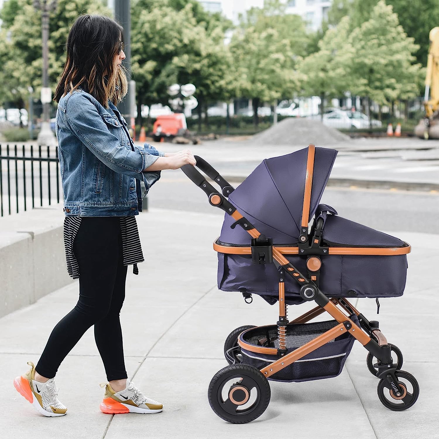 Baby Stroller, High Landscape Infant Stroller, Newborn Reversible Bassinet Pram, Foldable Pushchair with Foot Cover, Cup Holder, Net, Safety Wrist Strap (Celadon)