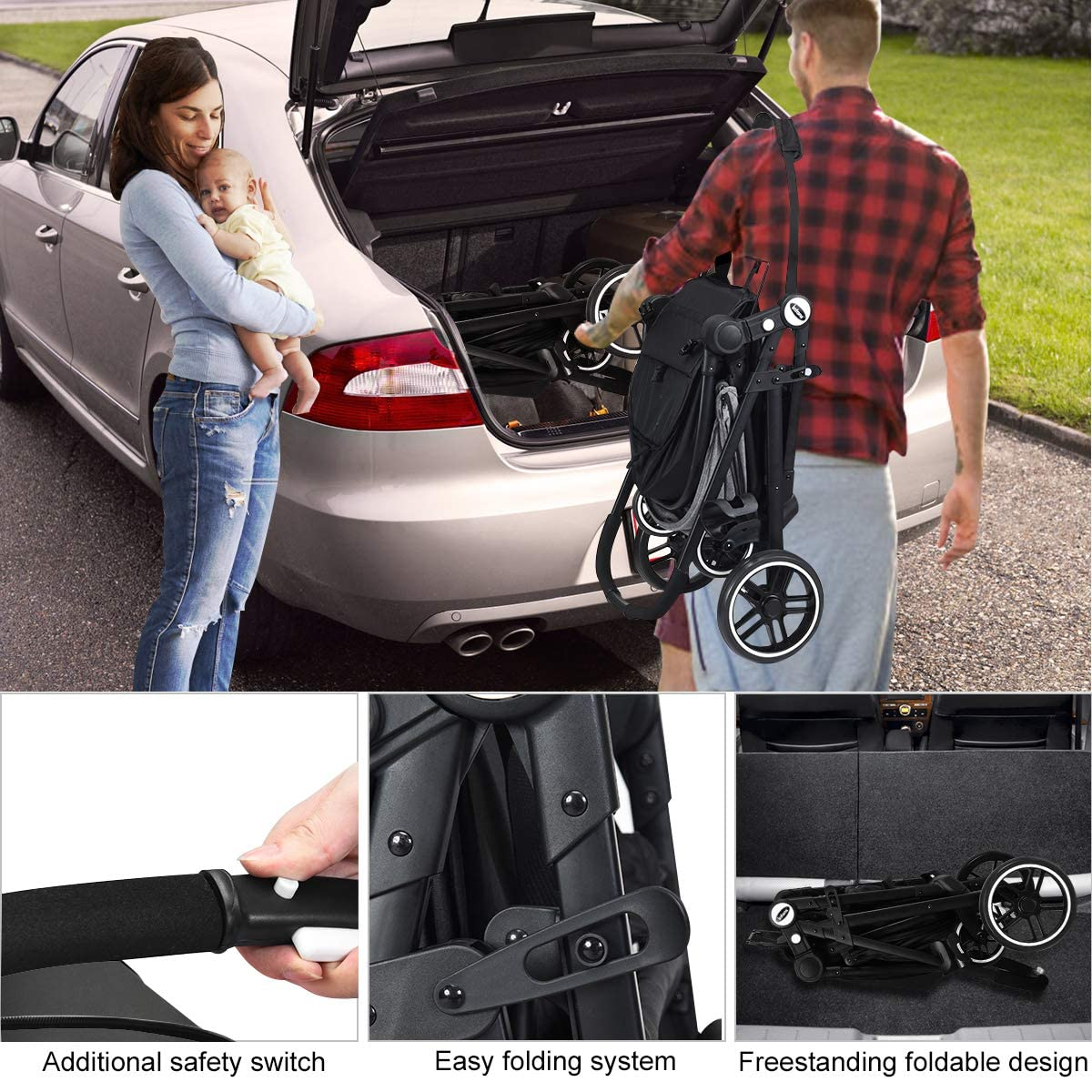 Baby Stroller, High Landscape Infant Stroller and Reversible Bassinet Pram, Foldable Pushchair with Adjustable Canopy, Cup Holder, Storage Basket, Suspension Wheels (Black)