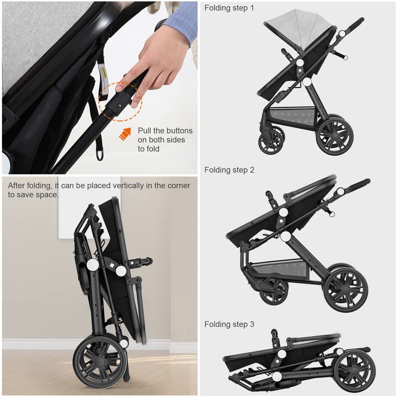 Baby Stroller Newborn Carriage Infant Reversible Bassinet to Luxury Toddler Vista Seat for Boy Girl Compact Single All Terrain Babies Pram Strollers Add Stroller Cover, Cup Holder, Net