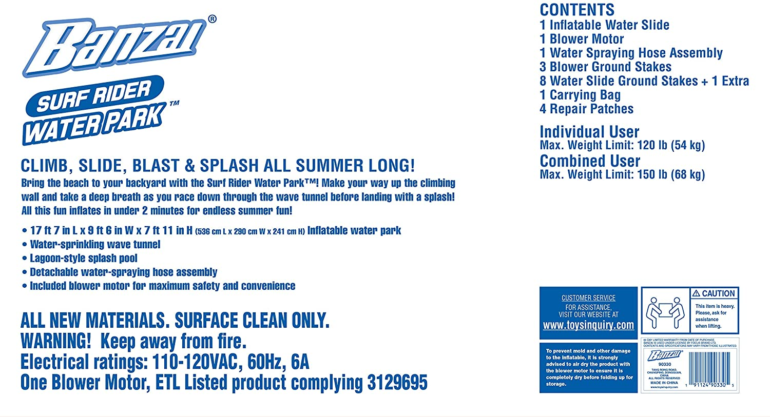 Banzai Surf Rider Kids Inflatable Outdoor Backyard Aqua Water Slide Splash Park with Climbing Wall, Tunnel Slide, and Lagoon Splash Pool for Ages 5-12