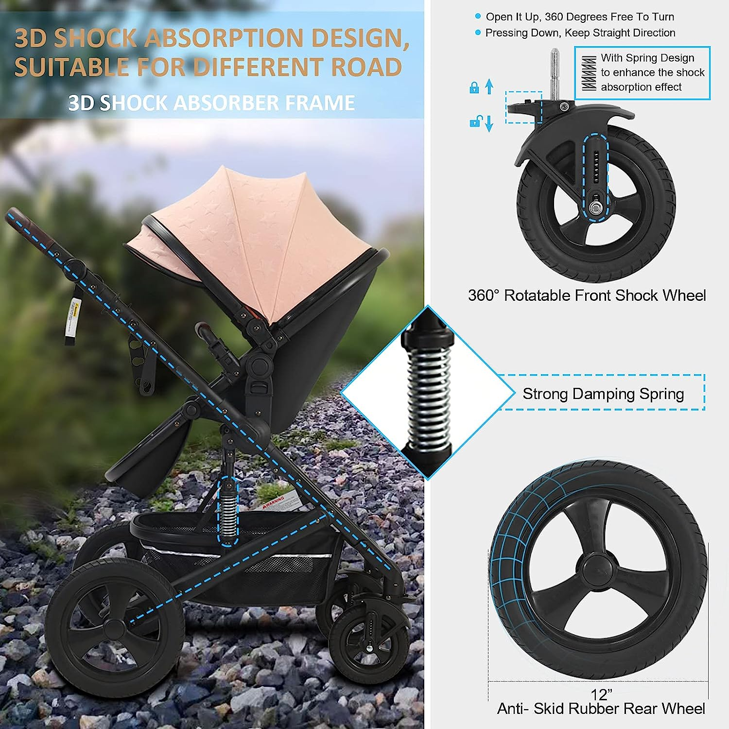 Newborn Infant Toddler Baby Stroller - Strollers with Backrest Adjustable Reversible, 2 in 1 High Landscape Convertible Bassinet Foldable Aluminum Alloy 3D Shock Absorption All Terrain Pram
