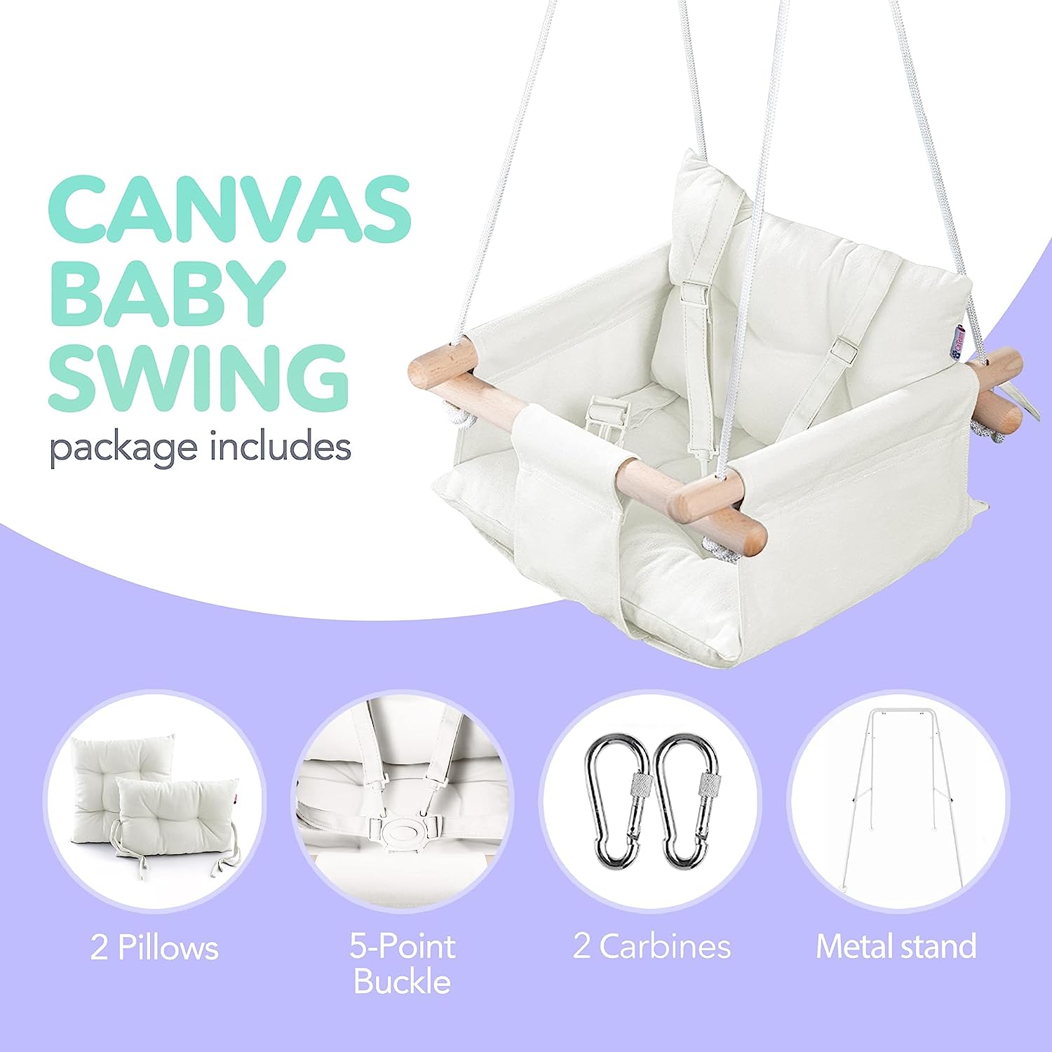 Canvas Baby Swing, Wooden Hanging Swing Seat Chair with Safety Belt, Durable Baby Hammock Chair, Outdoor and Indoor Swing for Kids, Mounting Hardware Included, Ivory