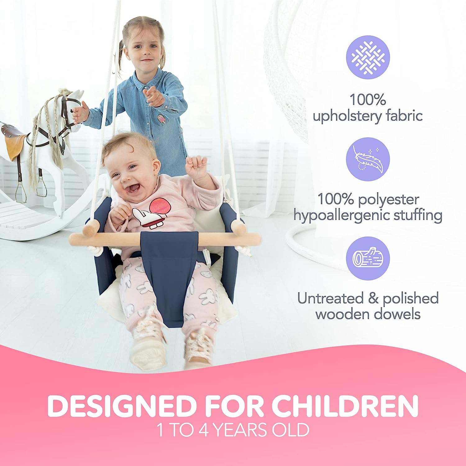 Canvas Baby Swing, Wooden Hanging Swing Seat Chair with Safety Belt, Durable Baby Hammock Chair, Outdoor and Indoor Swing for Kids, Mounting Hardware Included, Ivory