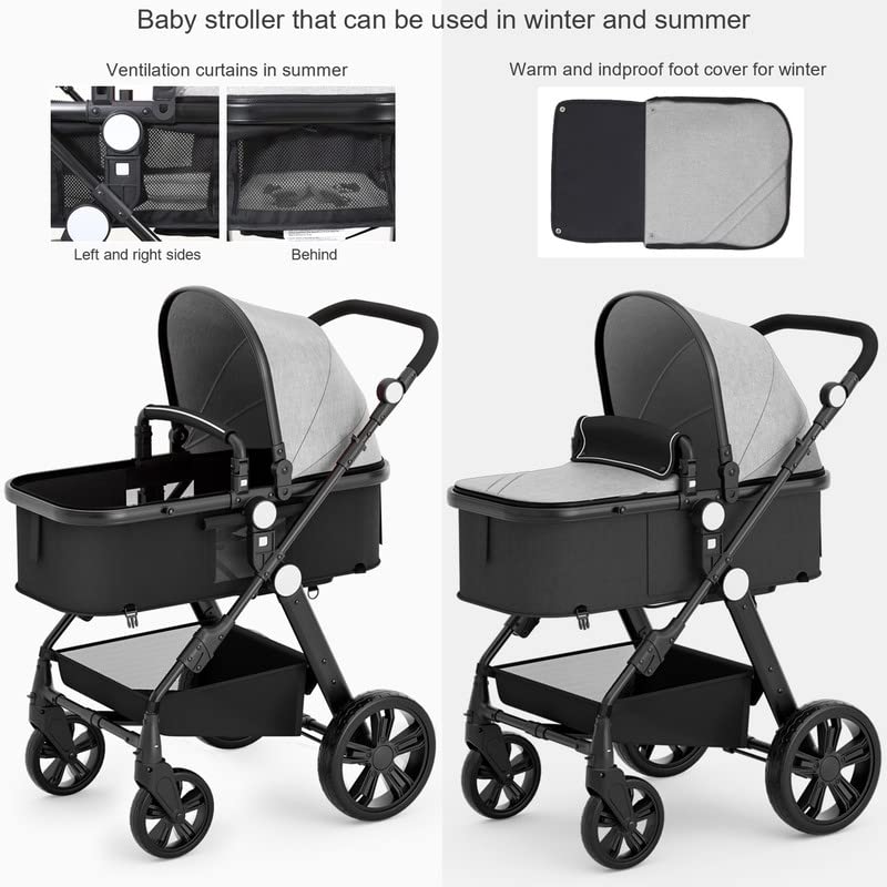 Baby Stroller Newborn Carriage Infant Reversible Bassinet to Luxury Toddler Vista Seat for Boy Girl Compact Single All Terrain Babies Pram Strollers Add Stroller Cover, Cup Holder, Net