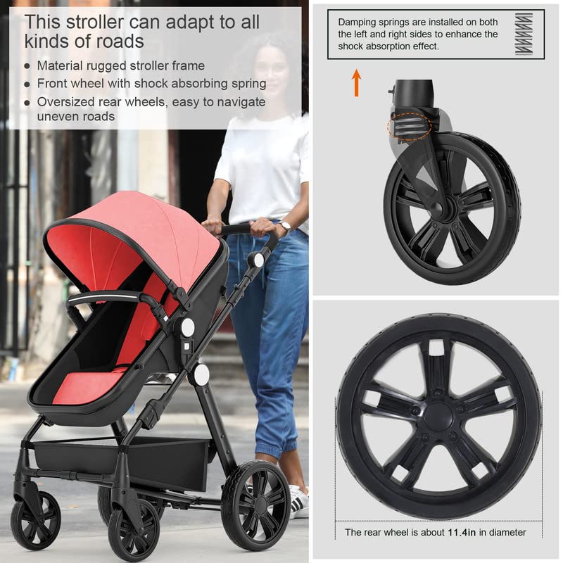 Baby Stroller Newborn Carriage Infant Reversible Bassinet to Luxury Toddler Vista Seat for Boy Girl Compact Single All Terrain Babies Pram Strollers Add Stroller Cover, Cup Holder, Net
