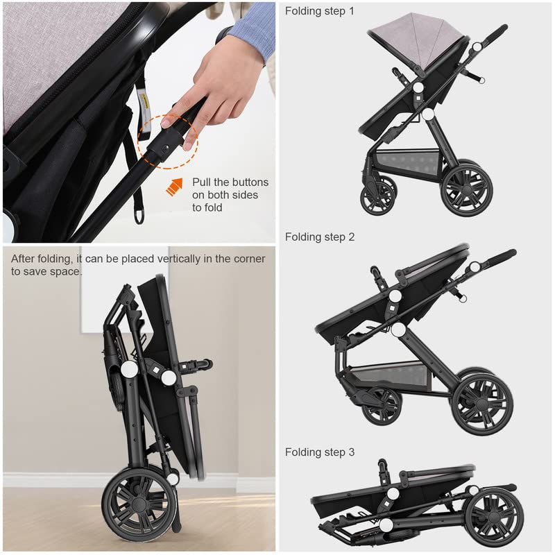 Baby Stroller Newborn Carriage Infant Reversible Bassinet to Luxury Toddler Vista Seat for Boy Girl Compact Single All Terrain Babies Pram Strollers Add Stroller Cover, Cup Holder, Net