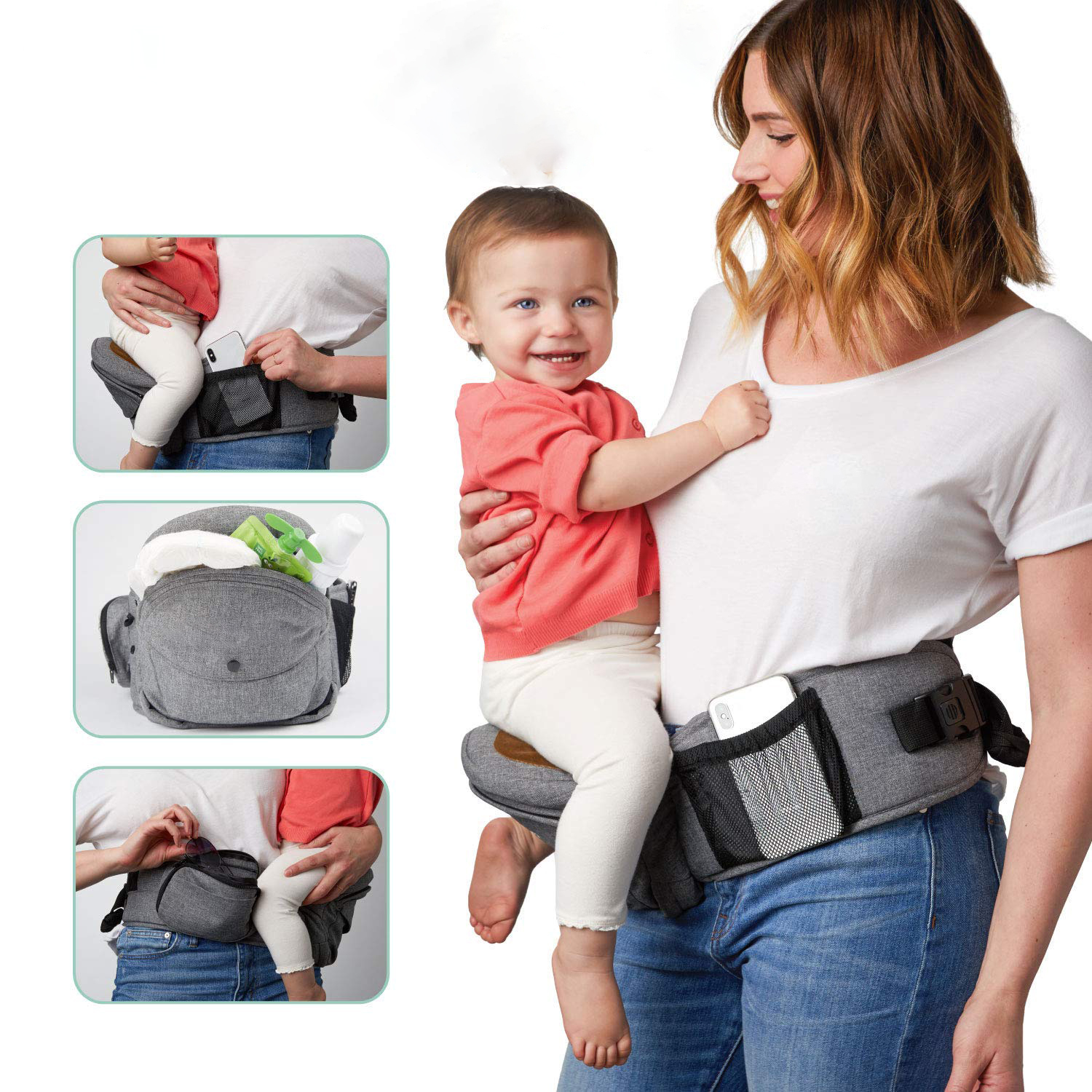 Safety-Certified Hip Seat Baby Carrier - Moms Choice Award Winner,  Ergonomic Carrier & Extenders for Newborns & Toddlers (Carrier, Grey)