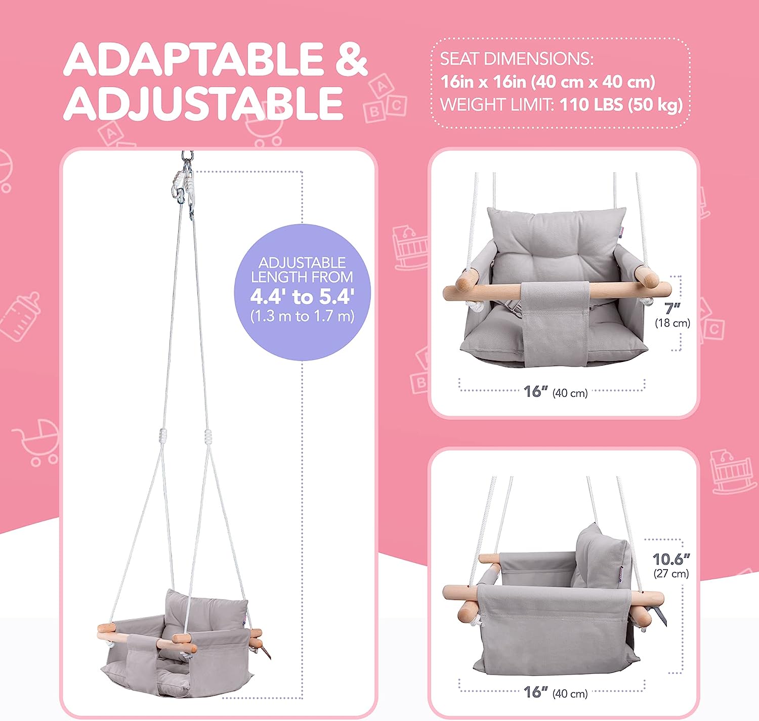 Canvas Baby Swing, Wooden Hanging Swing Seat Chair with Safety Belt, Durable Baby Hammock Chair, Outdoor and Indoor Swing for Kids, Mounting Hardware Included, Ivory