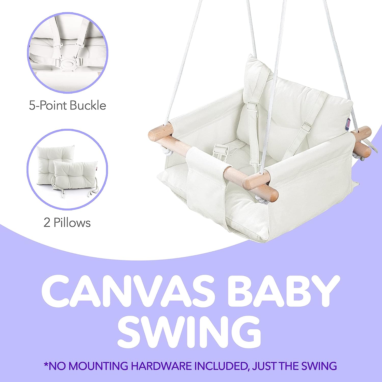 Canvas Baby Swing, Wooden Hanging Swing Seat Chair with Safety Belt, Durable Baby Hammock Chair, Outdoor and Indoor Swing for Kids, Mounting Hardware Included, Ivory