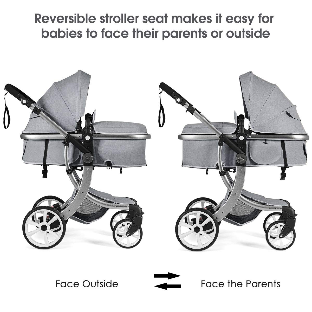 Baby Stroller, High Landscape Convertible Infant Bassinet Stroller, Adjustable Canopy & Backrest, Storage Basket, Foot Cover, Foldable Newborn Carriage Pram Stroller (Gray)