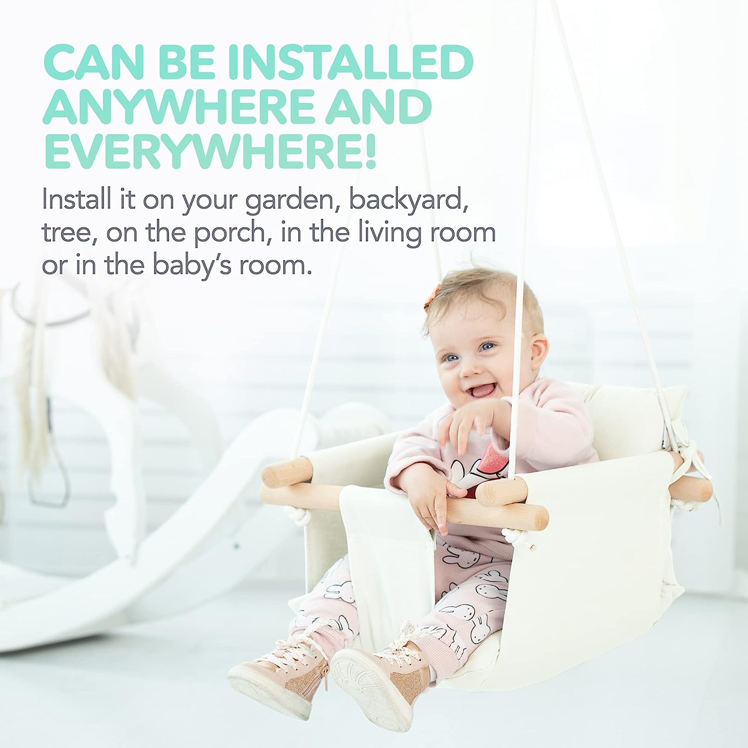 Canvas Baby Swing, Wooden Hanging Swing Seat Chair with Safety Belt, Durable Baby Hammock Chair, Outdoor and Indoor Swing for Kids, Mounting Hardware Included, Ivory