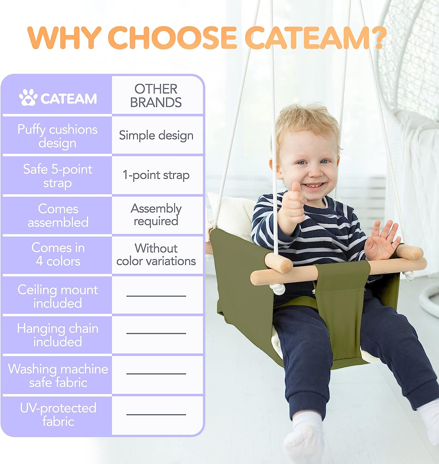 Canvas Baby Swing, Wooden Hanging Swing Seat Chair with Safety Belt, Durable Baby Hammock Chair, Outdoor and Indoor Swing for Kids, Mounting Hardware Included, Ivory