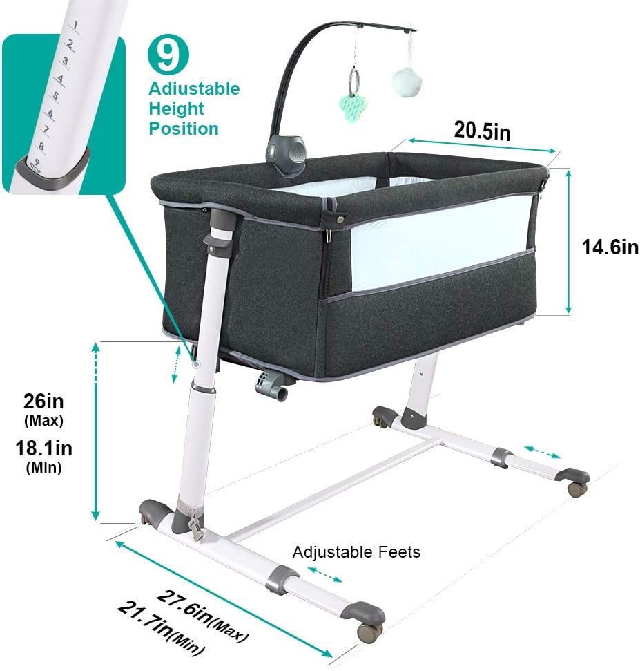 Baby Bedside Baby Bassinet, Best Bed Cribs for Infant Newborn, Portable Sleeper for Safer Co-Sleeping, Bed Crib Plus Hanging Figurine, Music, and Built-in Wheels - Girl Boy Unisex