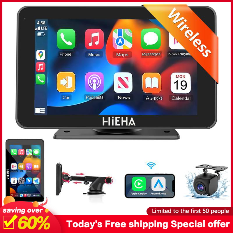 Hieha 2025 Upgraded Wireless Carplay Stereo with Suction Mount, Rear Camera, Seamless Mirrorlink, Supports Landscape & Portrait Modes