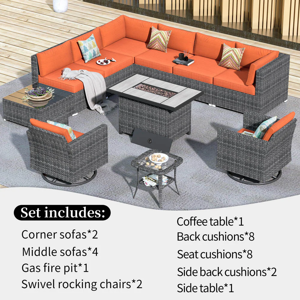 Ovios Patio Furniture 11-Piece Outdoor Sectional Sofa Set with Wicker Rocking Swivel Chairs and 42.12'' Fire Pit