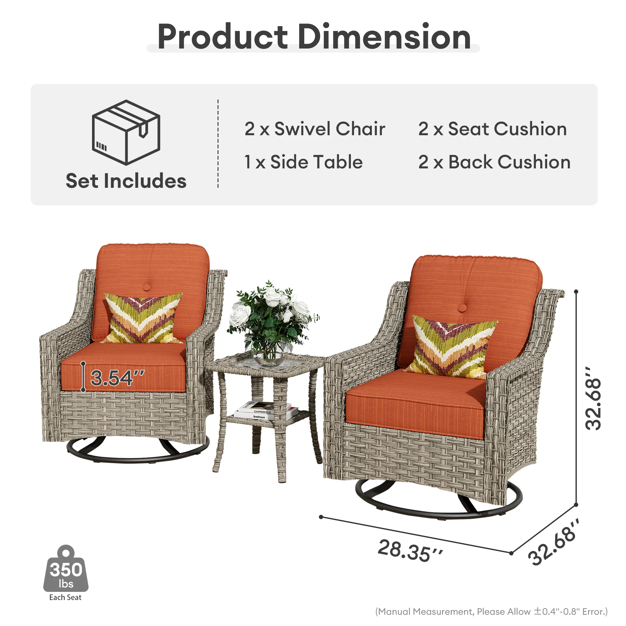 Ovios Conversation Set 3-Piece PAD Series,Swivel Chair