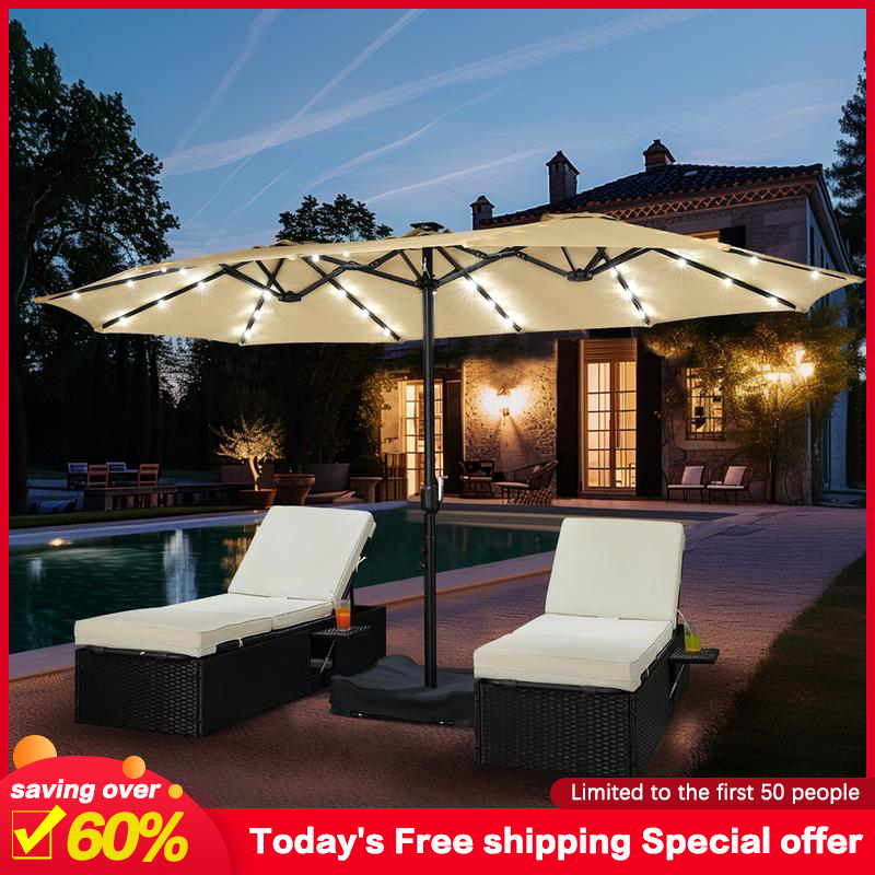 【Solar LED Lights Umbrella】Yaheetech 15/13ft Large Patio Umbrella, Outdoor Double-Sided Rectangle Umbrella with 36 LED Lights & Crank for Patio Garden Pool Lawn Backyard, Base Included