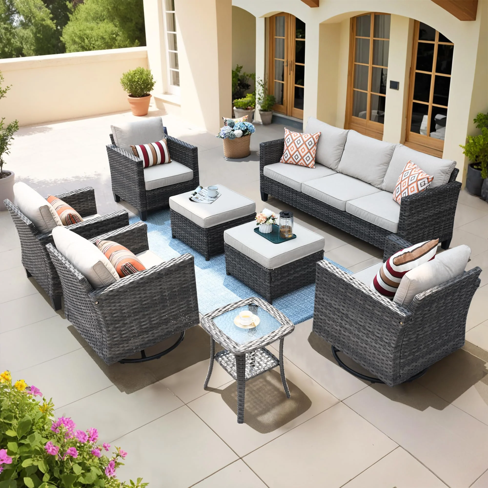 Ovios Patio Conversation Set 8-Piece with Swivel Rocking Chairs and Table