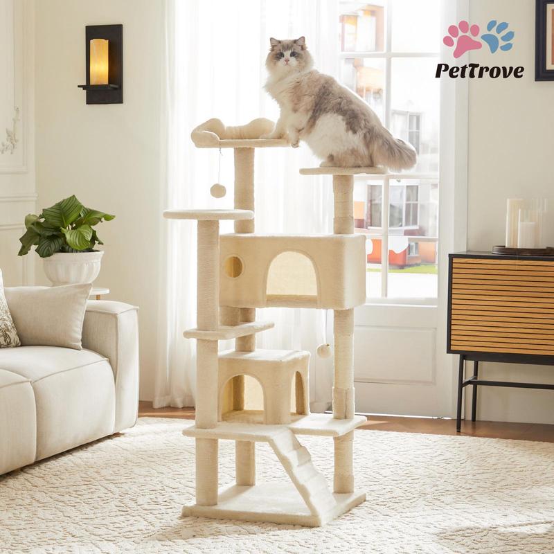 PetTrove Cat Tree Tower for Indoor Cats, 54in Tall Multi-Level Pet Furniture, Stable Kitty Play House with Sisal Scratching Post, Large Condo, Climbing Ladder, Plush Toy for Kitten cat treehouse