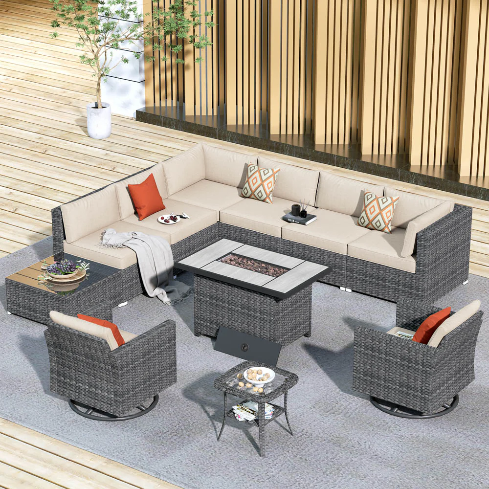 Ovios Patio Furniture 11-Piece Outdoor Sectional Sofa Set with Wicker Rocking Swivel Chairs and 42.12'' Fire Pit