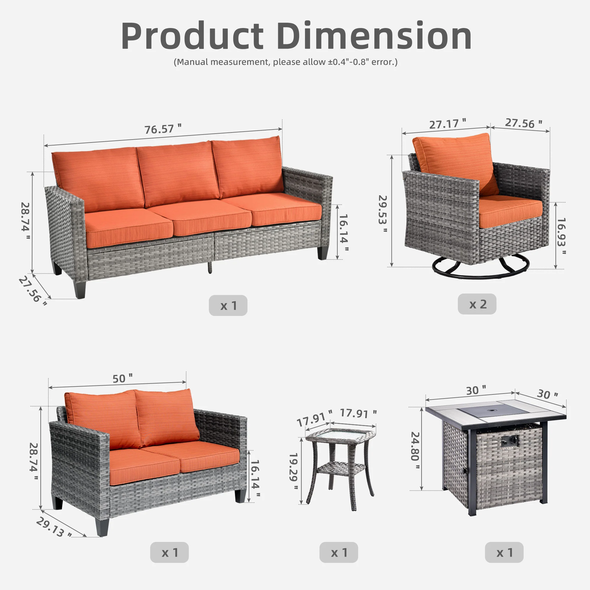 Ovios Patio Vultros 6-Piece Set With Swivel Chair Lover seat and 30'' Propane Fire Pit Table