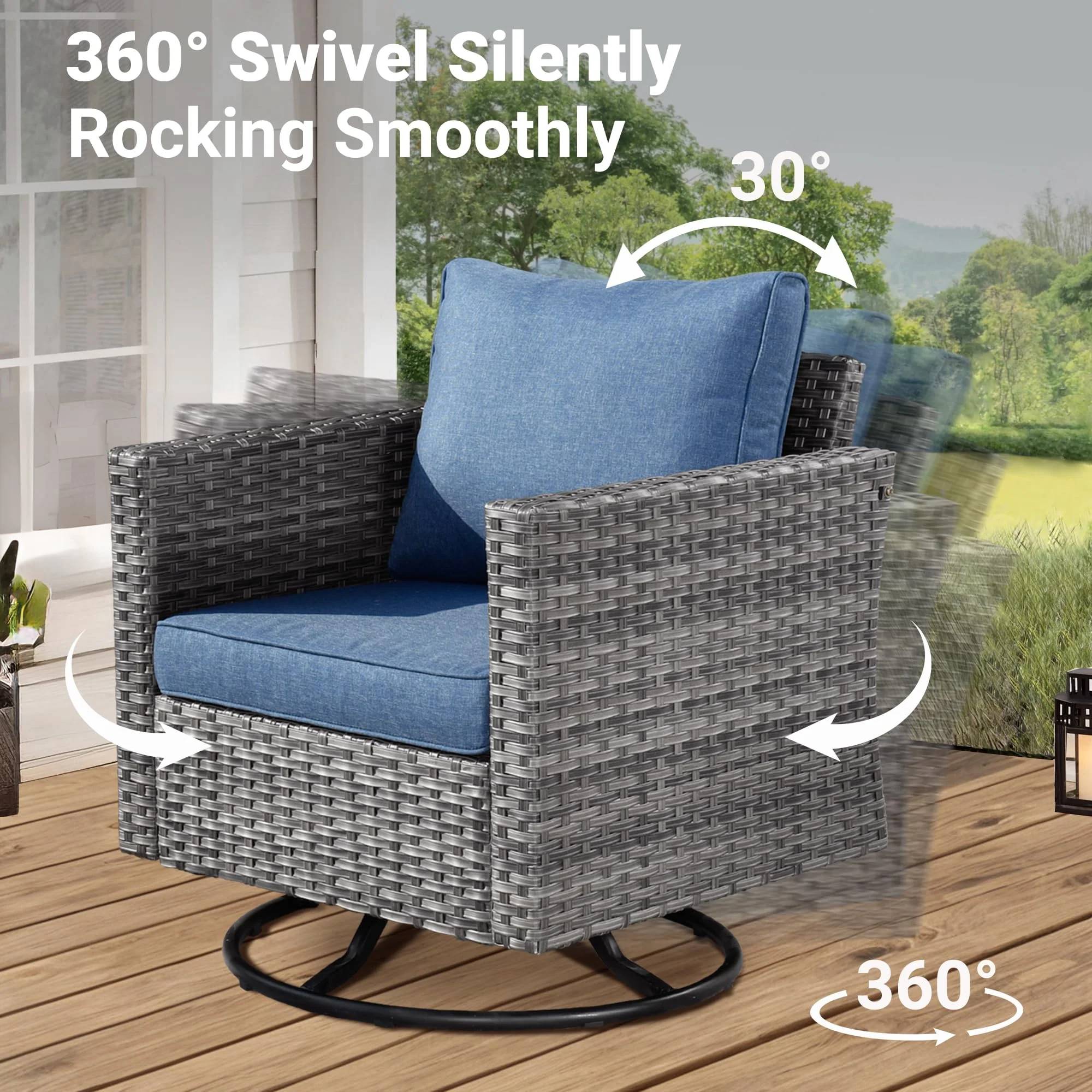 Ovios Patio Furniture 3-Piece Set with Swivel Chairs and Table Square Shape Armrest